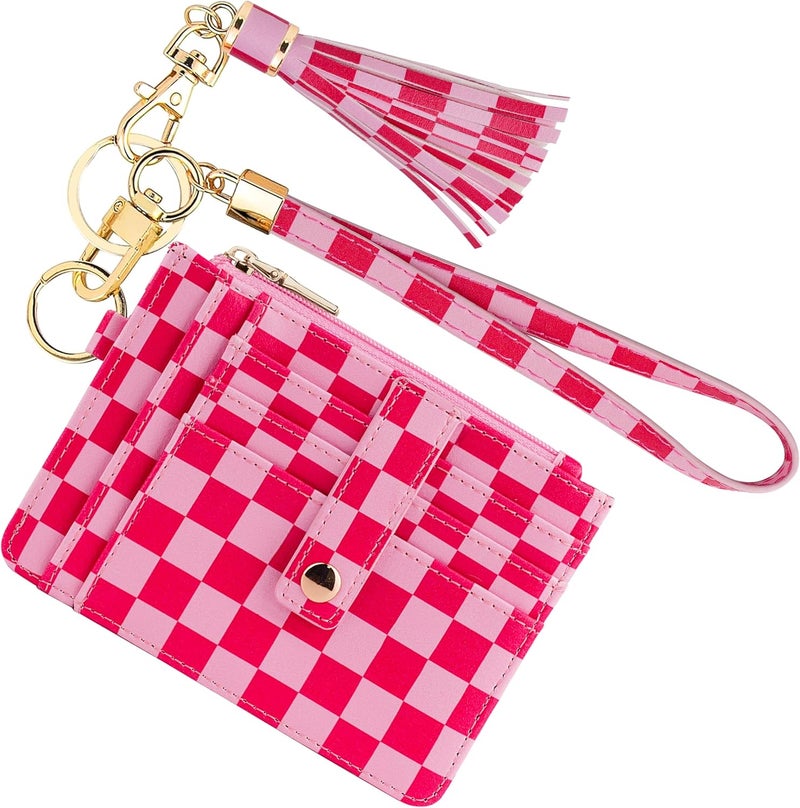 KNGITRYI Small Wristlet Wallets for Women RFID Credit Card Holder Wallet Keychain Wristlet Wallet Credit Card Wallets for Women (checkered pink) - Image 1